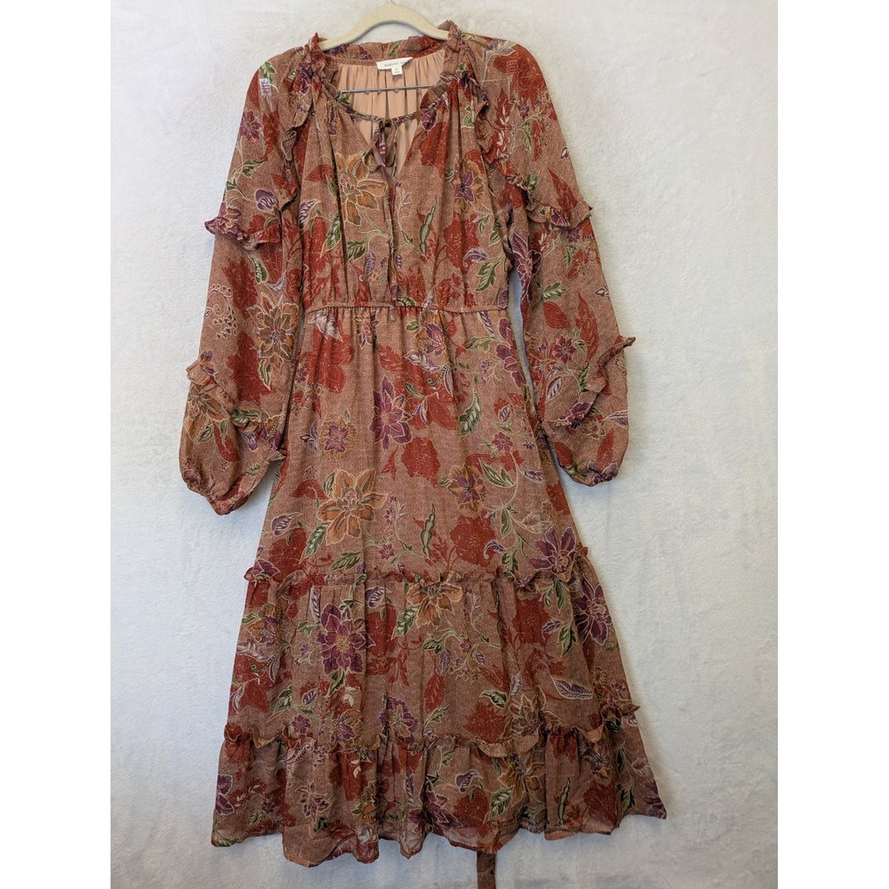 August Sky Women's Size S Floral Tiered Midi Dress Rust Orange Boho